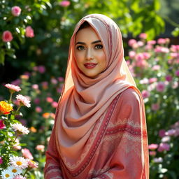 A serene and beautiful young woman adorned in a colorful niqab, standing in a picturesque garden filled with vibrant flowers and lush greenery