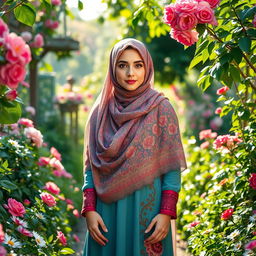 A serene and beautiful young woman adorned in a colorful niqab, standing in a picturesque garden filled with vibrant flowers and lush greenery