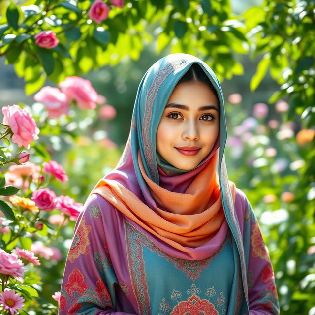 A serene and beautiful young woman adorned in a colorful niqab, standing in a picturesque garden filled with vibrant flowers and lush greenery