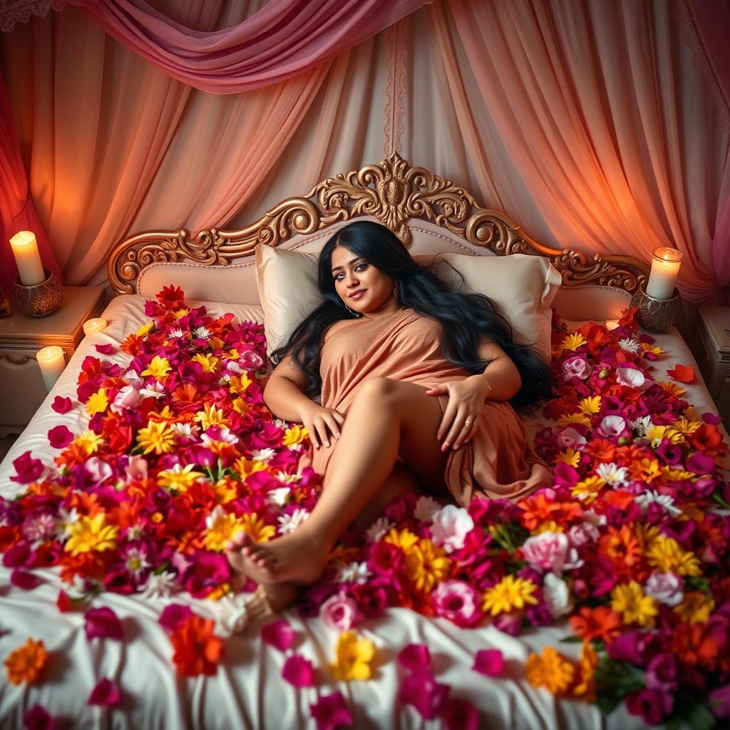 A romantic scene featuring an Indian woman with a curvy figure comfortably lying on a lavishly adorned bed filled with vibrant flowers