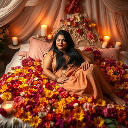 A romantic scene featuring an Indian woman with a curvy figure comfortably lying on a lavishly adorned bed filled with vibrant flowers