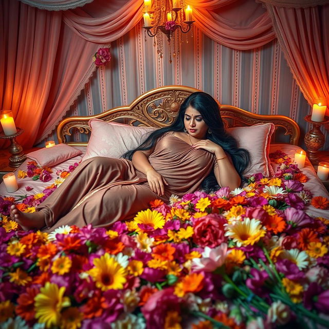 A romantic scene featuring an Indian woman with a curvy figure comfortably lying on a lavishly adorned bed filled with vibrant flowers