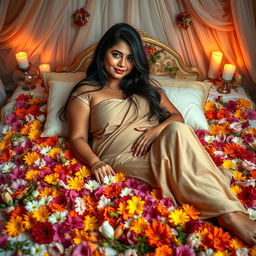 A romantic scene featuring an Indian woman with a curvy figure comfortably lying on a lavishly adorned bed filled with vibrant flowers