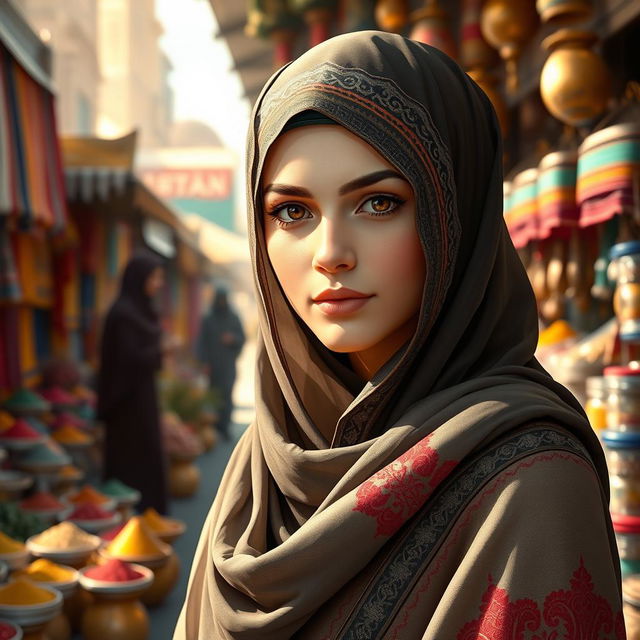 A realistic depiction of a young woman wearing a beautifully detailed niqab