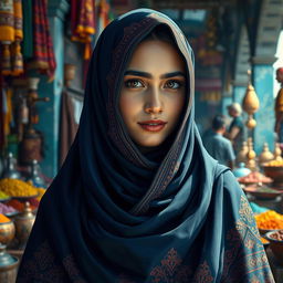 A realistic depiction of a young woman wearing a beautifully detailed niqab