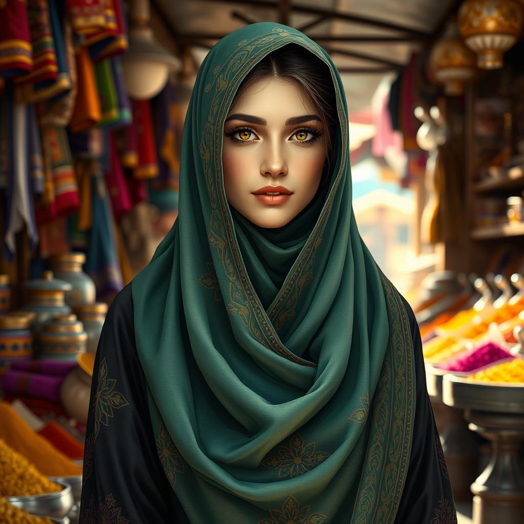 A realistic depiction of a young woman wearing a beautifully detailed niqab