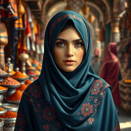 A realistic depiction of a young woman wearing a beautifully detailed niqab