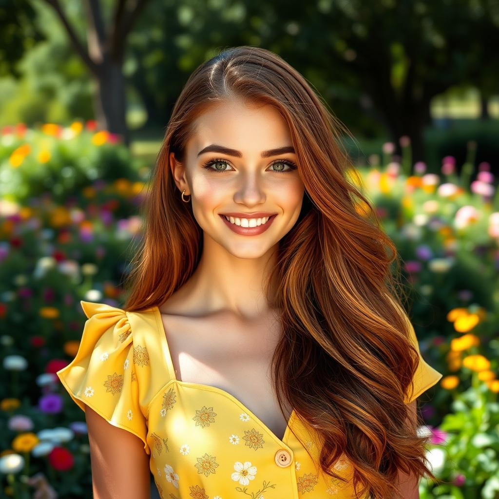 A stunning portrait of a confident young woman with long, flowing chestnut hair that glistens in the sunlight