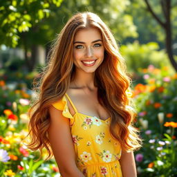 A stunning portrait of a confident young woman with long, flowing chestnut hair that glistens in the sunlight