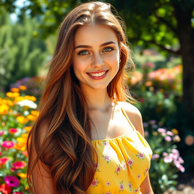 A stunning portrait of a confident young woman with long, flowing chestnut hair that glistens in the sunlight