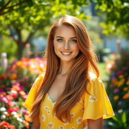 A stunning portrait of a confident young woman with long, flowing chestnut hair that glistens in the sunlight