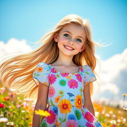 A beautiful girl with long flowing hair and sparkling blue eyes, wearing a colorful summer dress adorned with floral patterns