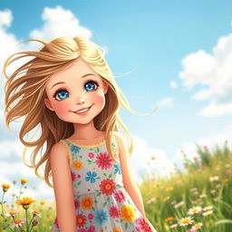 A beautiful girl with long flowing hair and sparkling blue eyes, wearing a colorful summer dress adorned with floral patterns