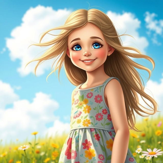 A beautiful girl with long flowing hair and sparkling blue eyes, wearing a colorful summer dress adorned with floral patterns