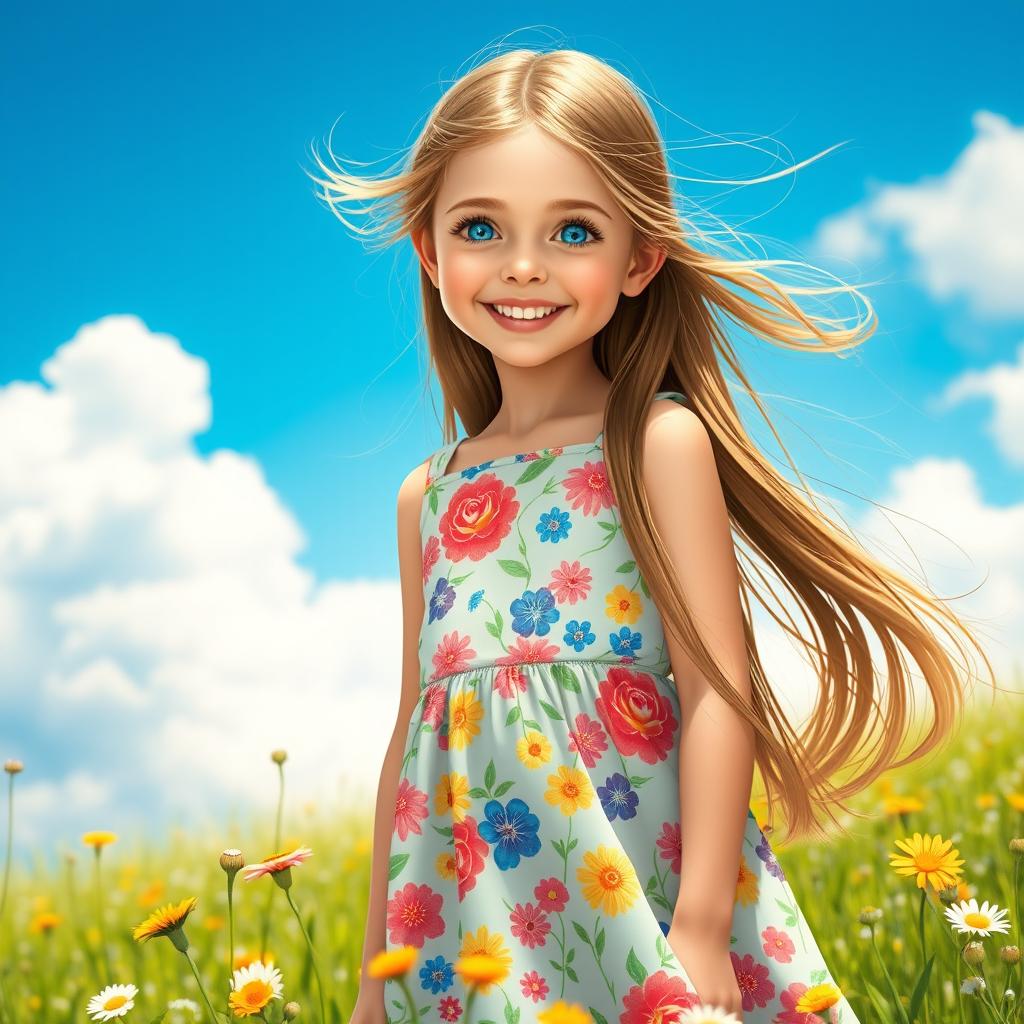 A beautiful girl with long flowing hair and sparkling blue eyes, wearing a colorful summer dress adorned with floral patterns