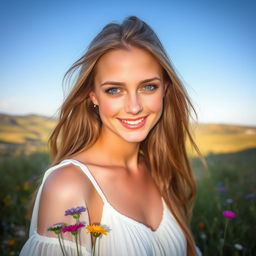 A portrait of a beautiful woman with long flowing hair, standing in a sunlit meadow