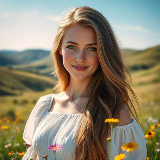 A portrait of a beautiful woman with long flowing hair, standing in a sunlit meadow