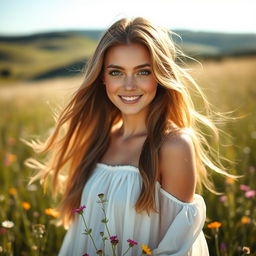 A portrait of a beautiful woman with long flowing hair, standing in a sunlit meadow