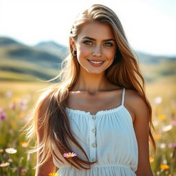 A portrait of a beautiful woman with long flowing hair, standing in a sunlit meadow