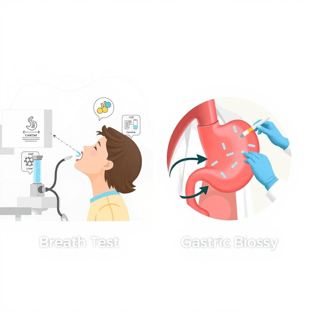 A visually detailed representation of two diagnostic tests used for Helicobacter pylori detection