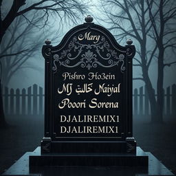 An elaborately designed tombstone featuring the word 'Marg' at the top in a bold and elegant typeface