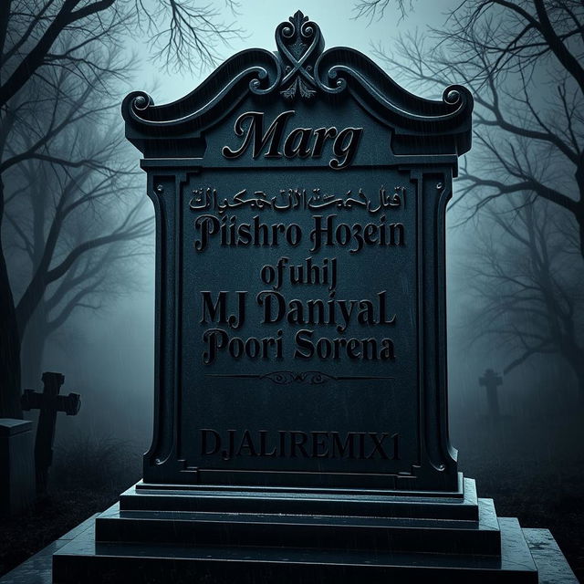 An elaborately designed tombstone featuring the word 'Marg' at the top in a bold and elegant typeface