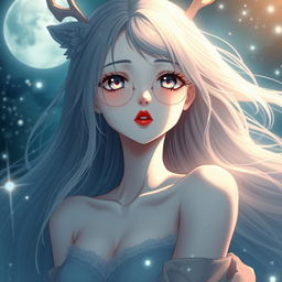 An enchanting anime girl with luminous, flawless white skin that glows like the moon
