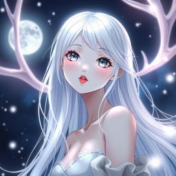 An enchanting anime girl with luminous, flawless white skin that glows like the moon