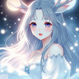 An enchanting anime girl with luminous, flawless white skin that glows like the moon