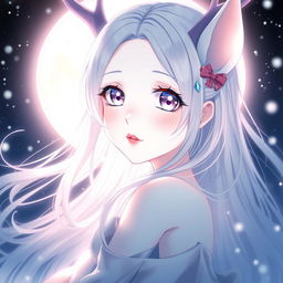 An enchanting anime girl with luminous, flawless white skin that glows like the moon