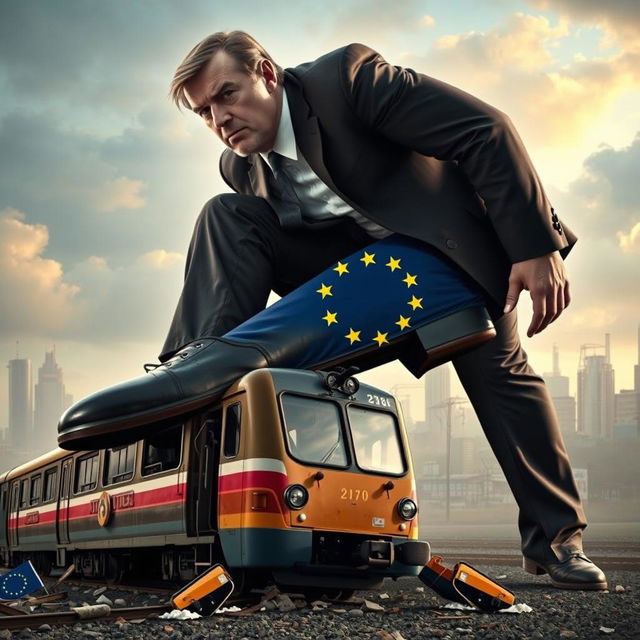 A giant man in a suit crushing a train with his shoe, symbolizing the European Union