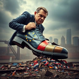 A giant man in a suit crushing a train with his shoe, symbolizing the European Union