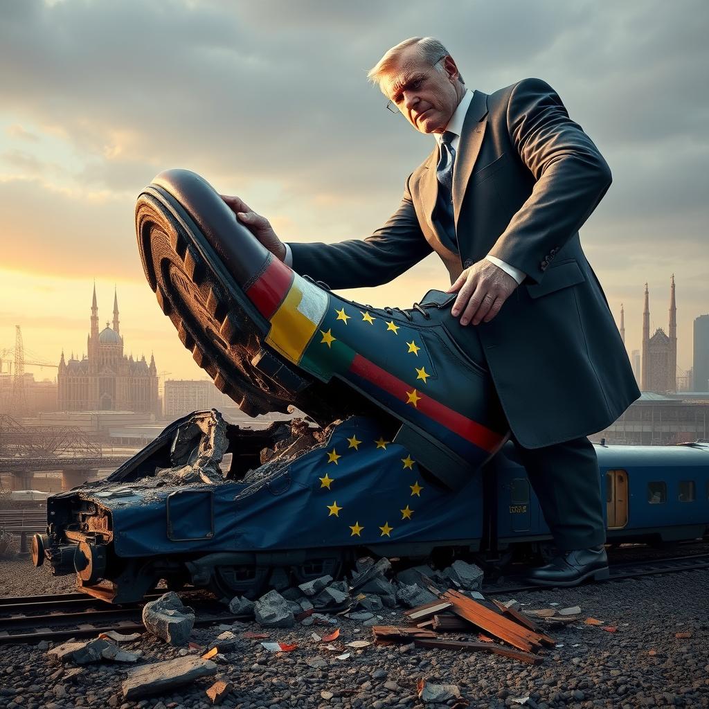 A giant man in a suit crushing a train with his shoe, symbolizing the European Union