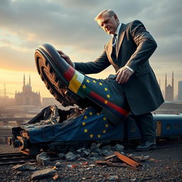 A giant man in a suit crushing a train with his shoe, symbolizing the European Union