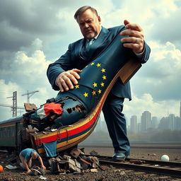 A giant man in a suit crushing a train with his shoe, symbolizing the European Union