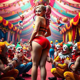 A vibrant scene inside an Indian circus featuring Harley Quinn wearing a strapless, colorful bikini