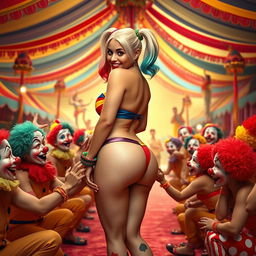 A vibrant scene inside an Indian circus featuring Harley Quinn wearing a strapless, colorful bikini