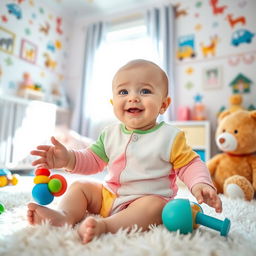 A cute baby with big sparkling eyes, wearing a soft, colorful onesie, sitting on a fluffy blanket in a nursery decorated with animals and bright colors