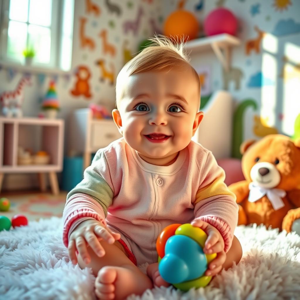 A cute baby with big sparkling eyes, wearing a soft, colorful onesie, sitting on a fluffy blanket in a nursery decorated with animals and bright colors