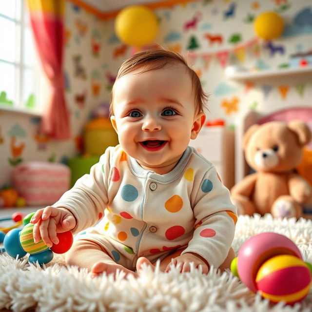 A cute baby with big sparkling eyes, wearing a soft, colorful onesie, sitting on a fluffy blanket in a nursery decorated with animals and bright colors