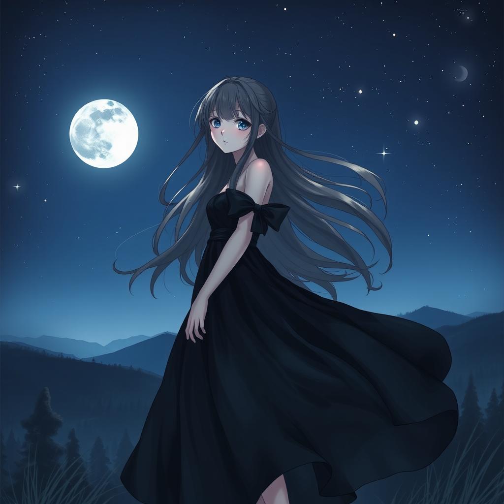 A beautiful girl standing under the starry night sky, illuminated by the soft glow of the moonlight