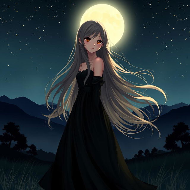 A beautiful girl standing under the starry night sky, illuminated by the soft glow of the moonlight