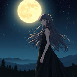 A beautiful girl standing under the starry night sky, illuminated by the soft glow of the moonlight
