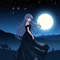 A beautiful girl standing under the starry night sky, illuminated by the soft glow of the moonlight