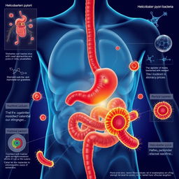 A detailed illustration of the human stomach as it interacts with helicobacter pylori bacteria