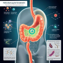 A detailed illustration of the human stomach as it interacts with helicobacter pylori bacteria