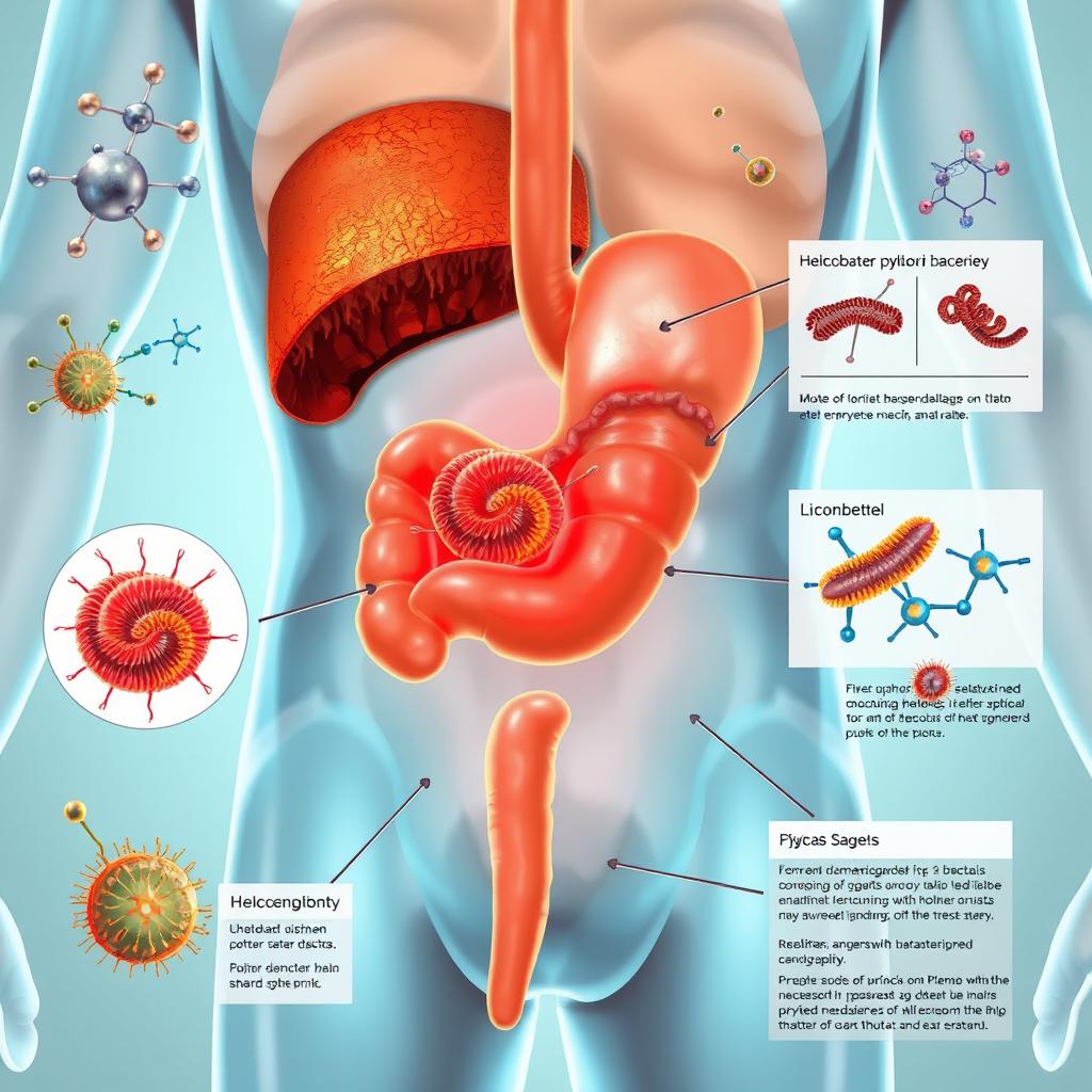 A detailed illustration of the human stomach as it interacts with helicobacter pylori bacteria