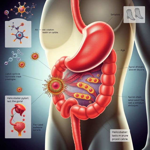 A detailed illustration of the human stomach as it interacts with helicobacter pylori bacteria