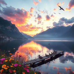 A stunning landscape featuring a serene lake surrounded by majestic mountains, reflecting the colorful sunset in the water