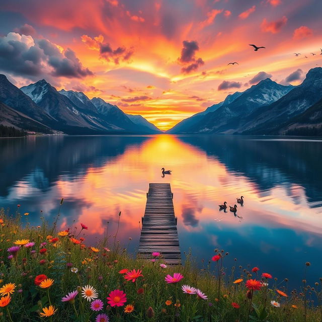 A stunning landscape featuring a serene lake surrounded by majestic mountains, reflecting the colorful sunset in the water